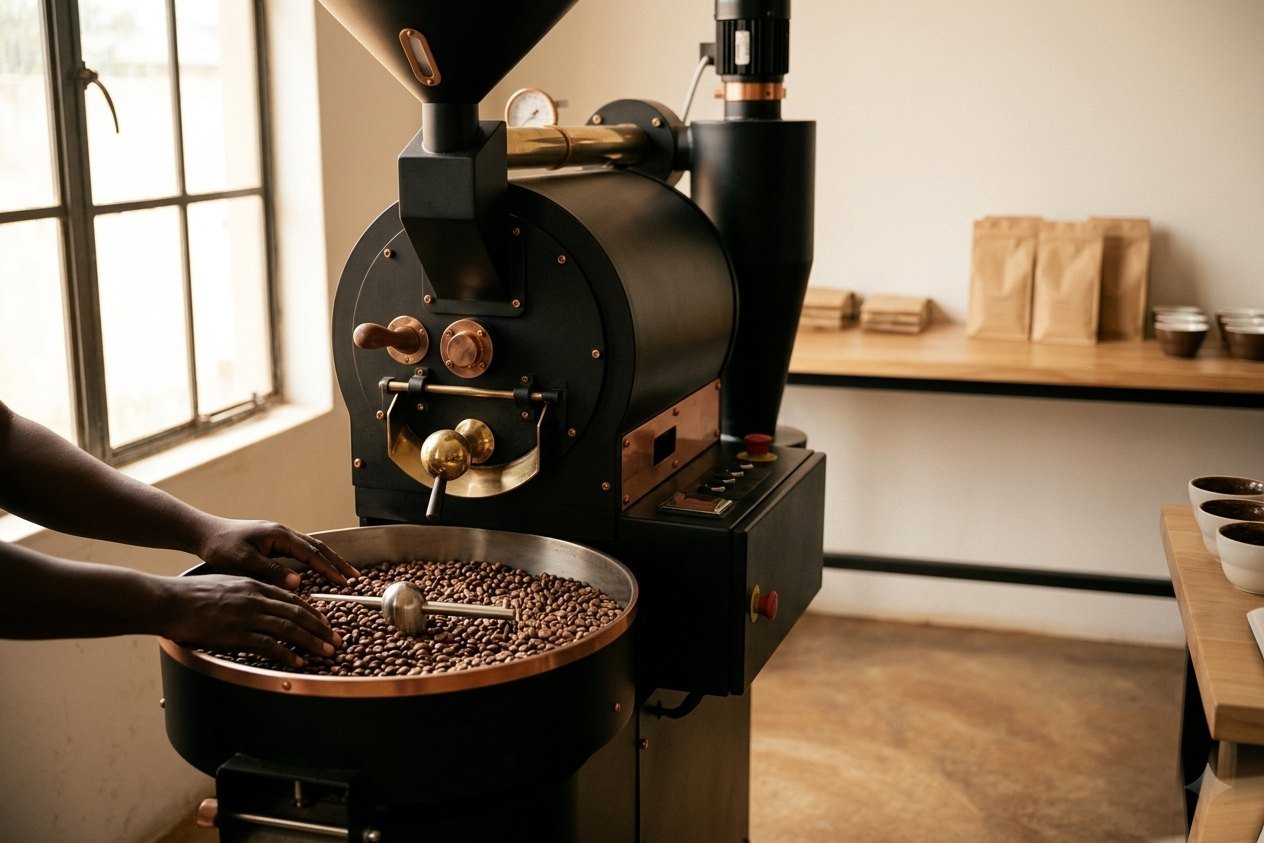 Coffee being roasted in small batches at the Ziavitutui roastery in Accra.